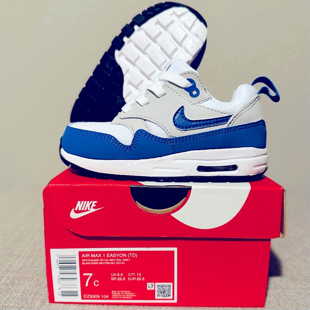 Nike Air Max 1 Easy on (TD), Size 7c, White Game Royal Neutral Grey